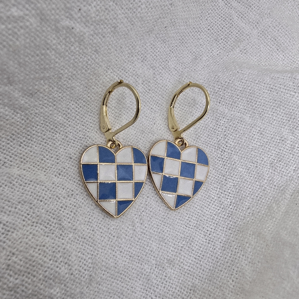 Gold Heart Checkerboard Drop Earrings - Blue & White